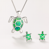 Silver Jewelry Set - Sea Turtle Pendant & Earrings - Polished Silver Tone
