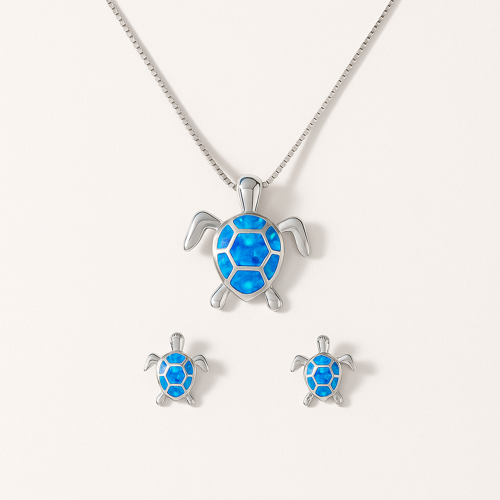 Sea Turtle Pendant and Earrings in Silver Finish