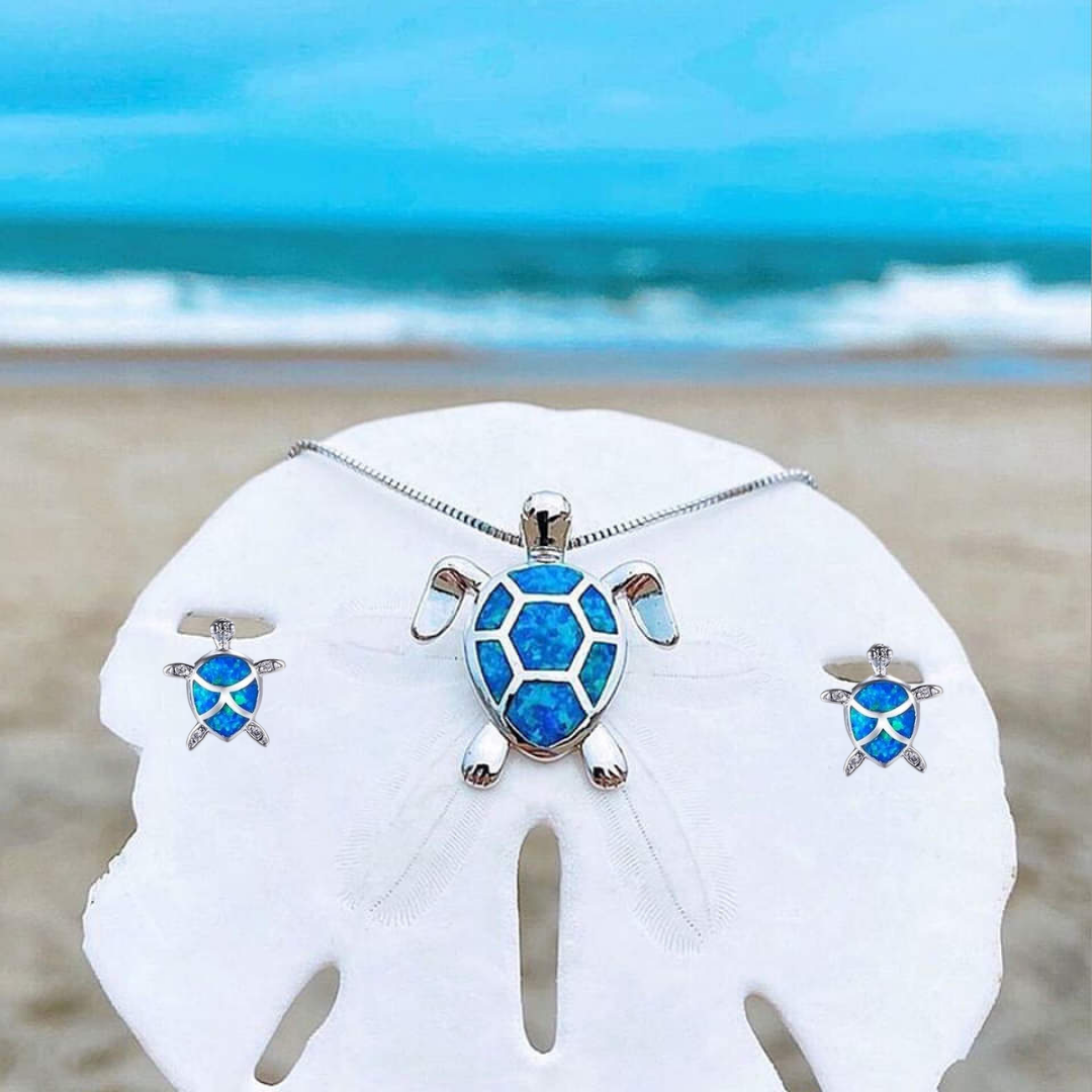 Sea Turtle Pendant and Earrings in Silver Finish