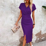 Women's Wrap V Neck Short Sleeves Formal Dress | Midi