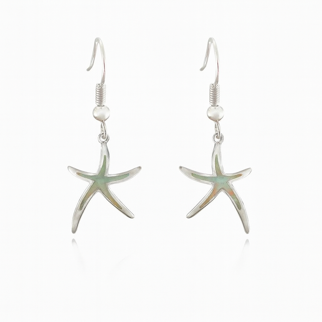 Silver Starfish Earrings - Opal Style Accents - Silver Tone - Drop Design
