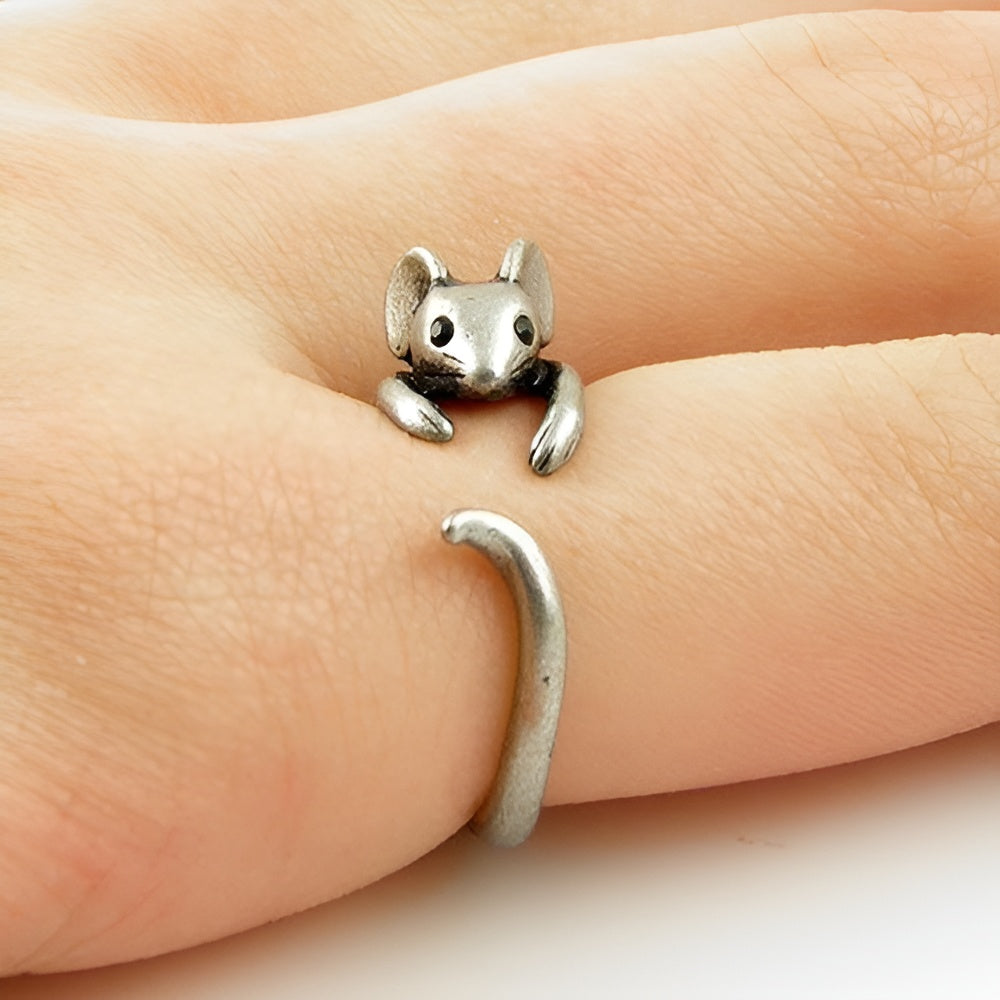 Silver-Tone Mouse Wrap Ring with Adjustable Tail Design