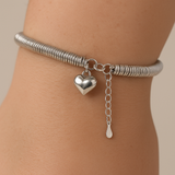 Silver Coil Bracelet - Hanging Heart Charm - Polished Silver Tone - Adjustable