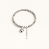 Silver Coil Bracelet - Hanging Heart Charm - Polished Silver Tone - Adjustable