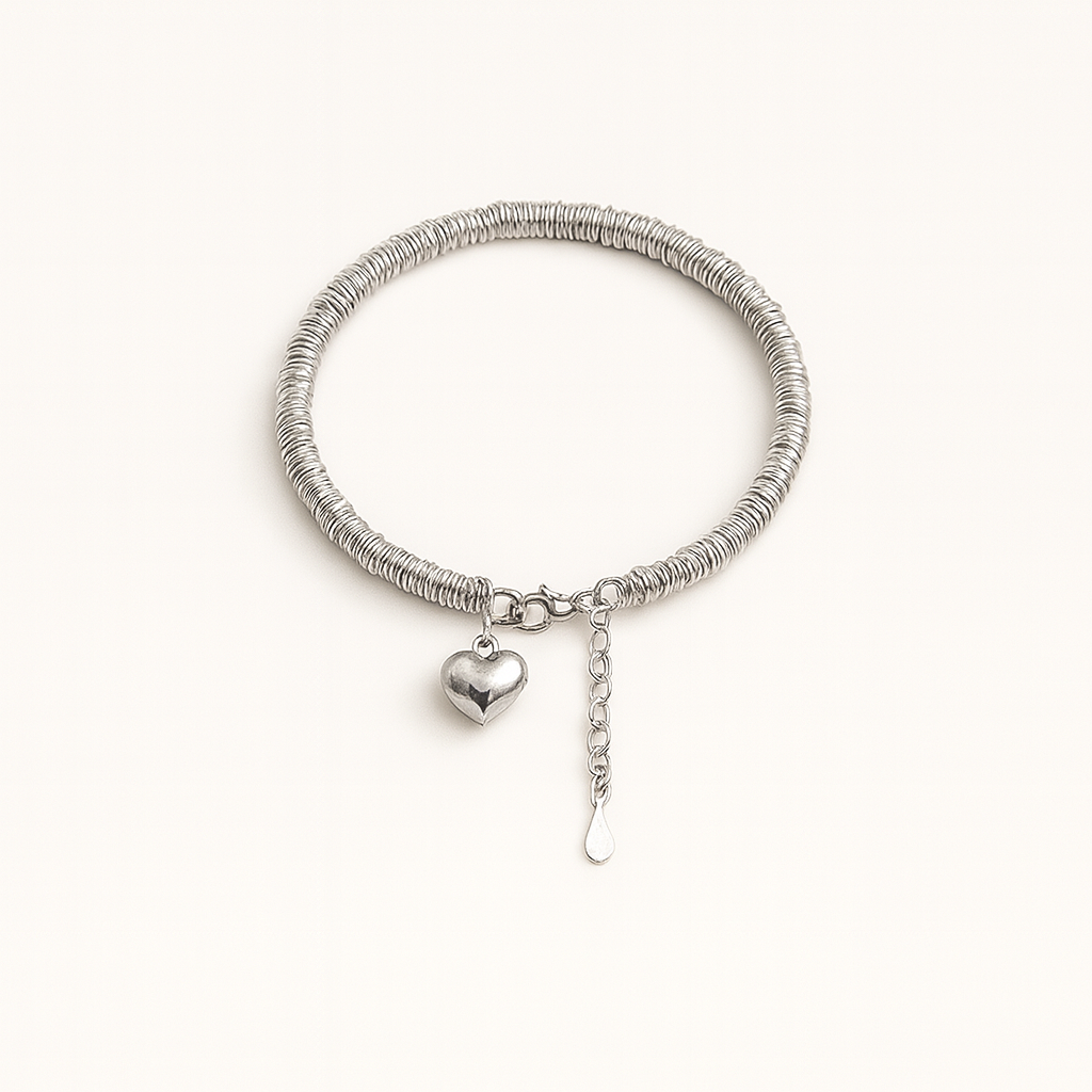 Silver Coil Chain Bracelet with Hanging Heart Charm