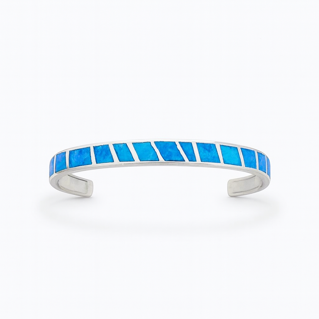Silver Cuff Bracelet with Ocean Blue Inlay Mosaic Accents