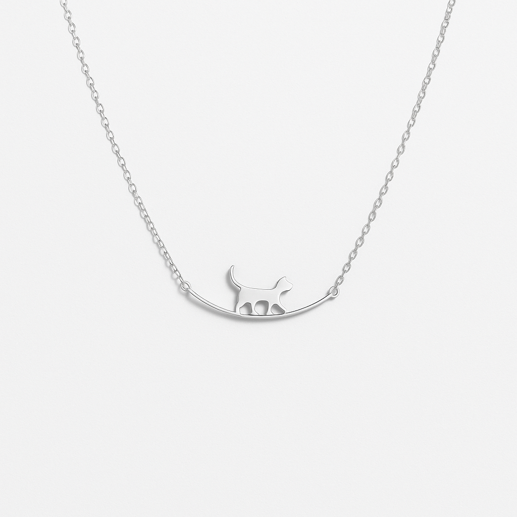 Silver Chain Necklace Featuring Walking Cat Silhouette