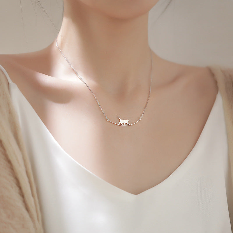 Silver Chain Necklace Featuring Walking Cat Silhouette