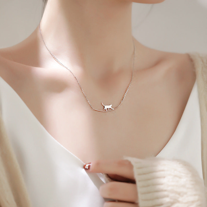 Silver Chain Necklace Featuring Walking Cat Silhouette