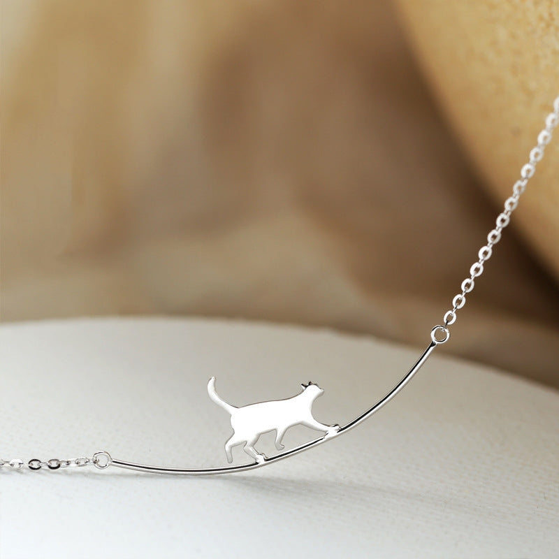 Silver Chain Necklace Featuring Walking Cat Silhouette
