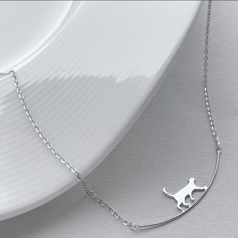 Silver Chain Necklace Featuring Walking Cat Silhouette