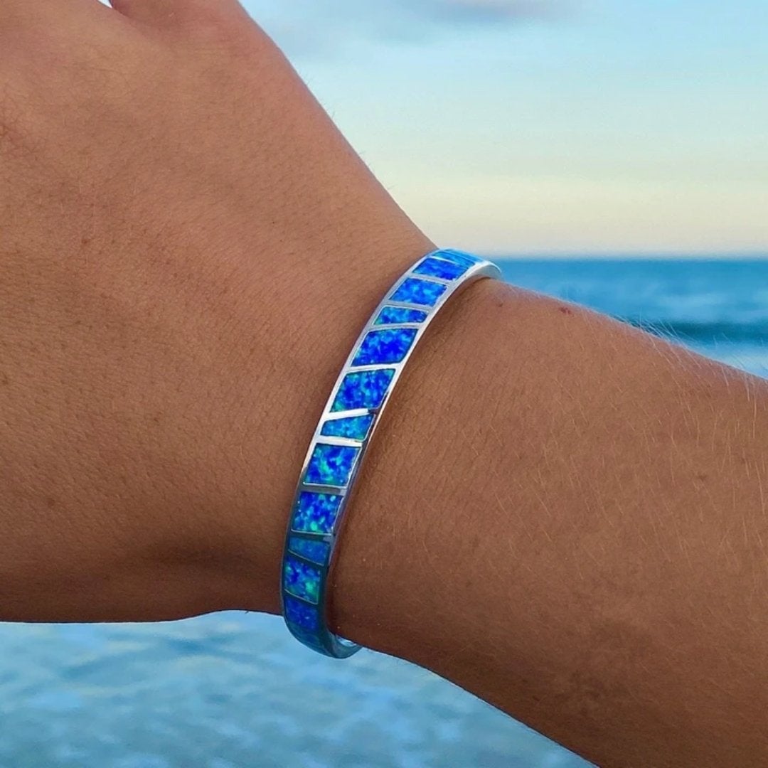 Silver Cuff Bracelet with Ocean Blue Inlay Mosaic Accents