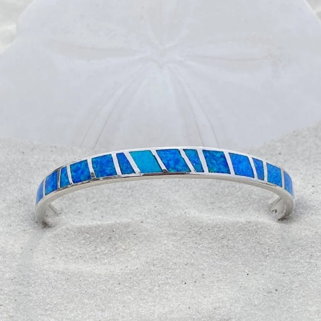 Silver Cuff Bracelet with Ocean Blue Inlay Mosaic Accents