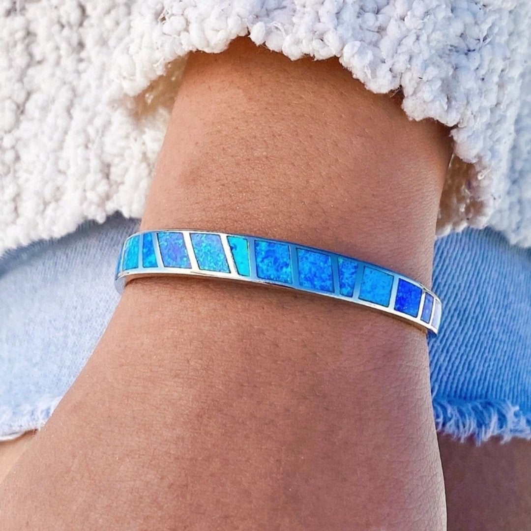 Silver Cuff Bracelet with Ocean Blue Inlay Mosaic Accents