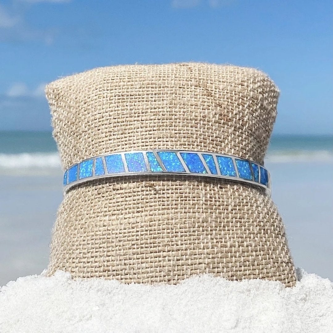 Silver Cuff Bracelet with Ocean Blue Inlay Mosaic Accents