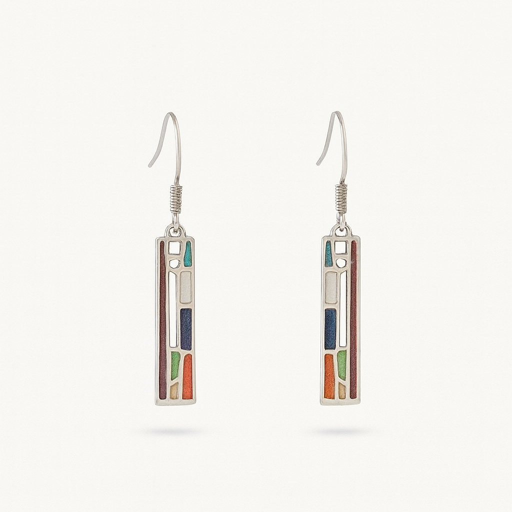 Silver Drop Earrings with Multicolor Rectangle Inlays