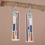 Silver Drop Earrings - Multicolor Rectangular Insets - Polished Silver Tone