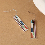 Silver Drop Earrings - Multicolor Rectangular Insets - Polished Silver Tone