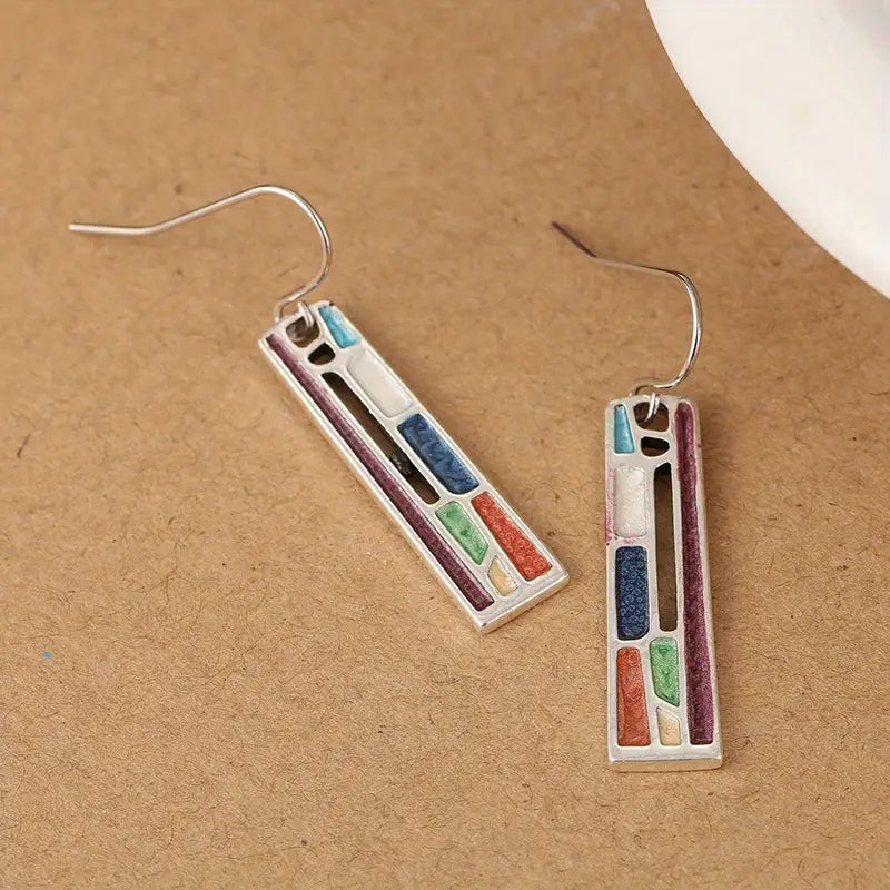 Silver Drop Earrings with Multicolor Rectangle Inlays