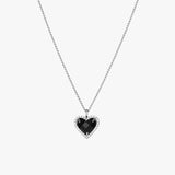 Silver Heart Necklace - Black Zirconia Center - Polished Silver Tone - Stainless Steel
