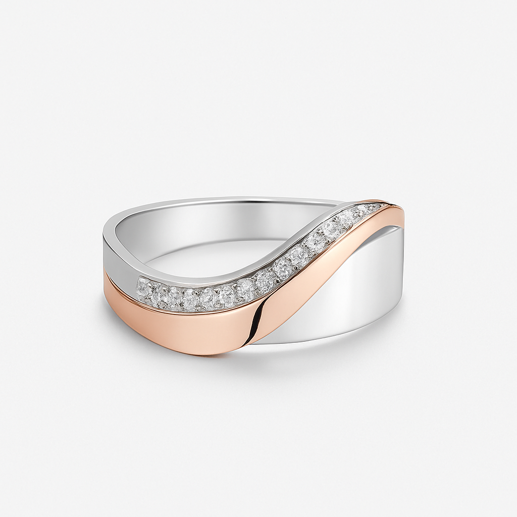 Silver and Rose Gold Plated Wave Band with Zircon Detail