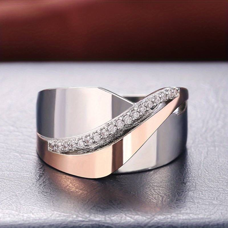 Silver and Rose Gold Plated Wave Band with Zircon Detail
