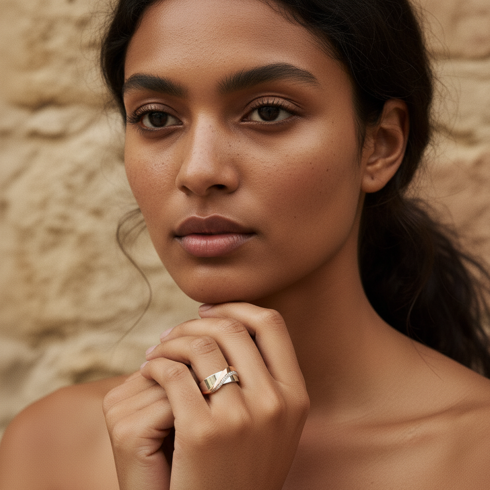Silver and Rose Gold Plated Wave Band with Zircon Detail