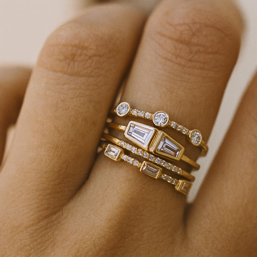 Stacked Gold Tone Ring Set with Baguette Zircon Stones
