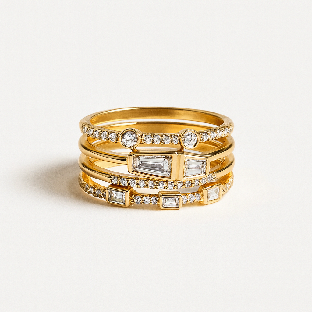 Stacked Gold Tone Ring Set with Baguette Zircon Stones