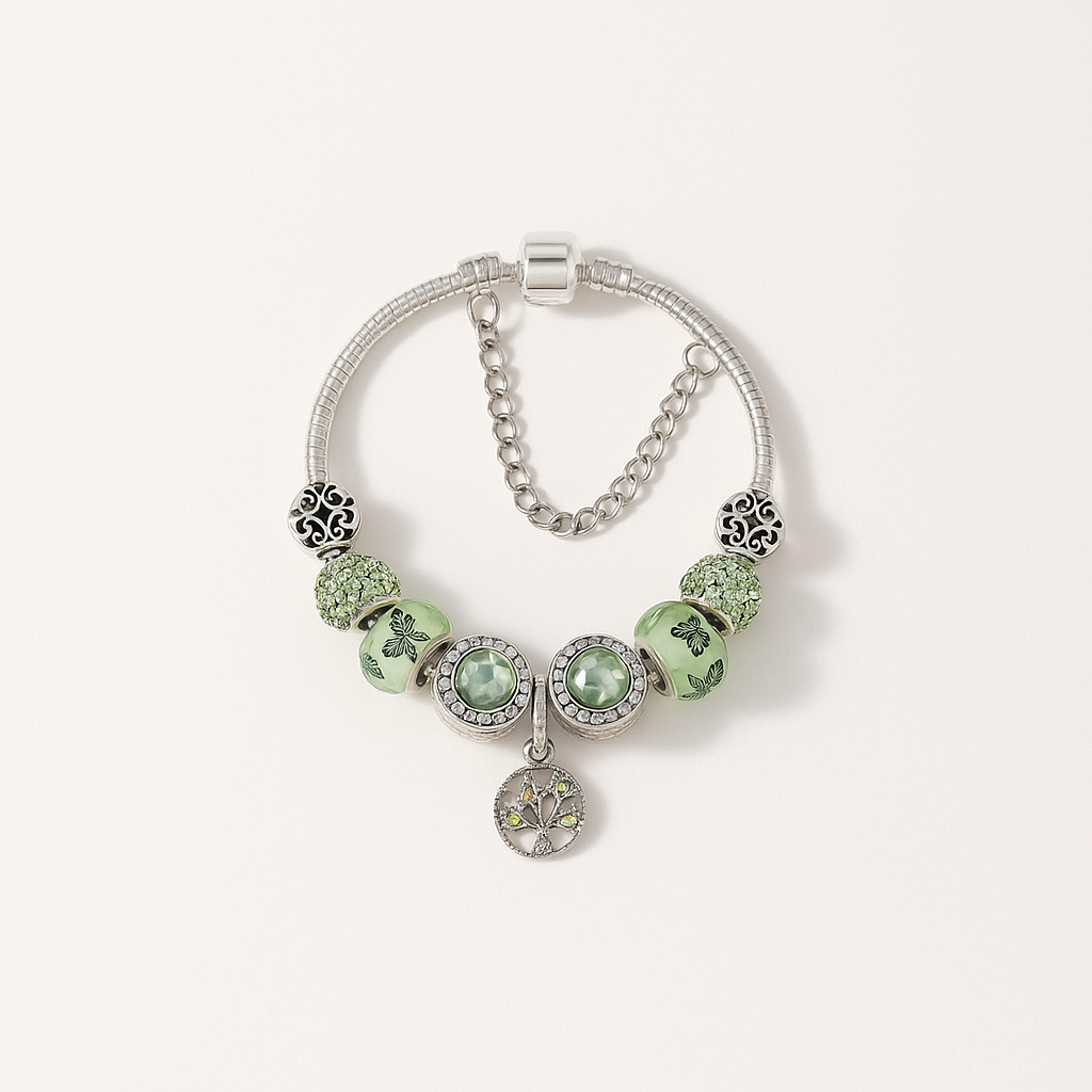 Sterling Silver Bracelet with Green Beads and Tree Charm