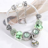 Sterling Silver Tone Bracelet with Green Beads and Tree Charm