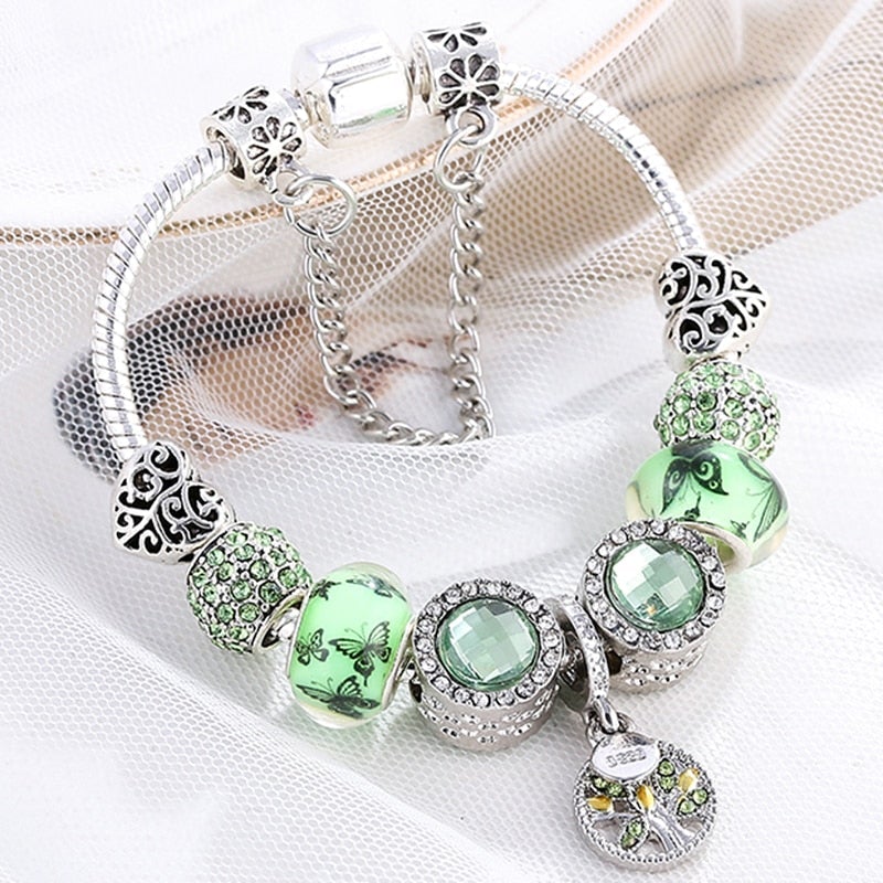 Sterling Silver Bracelet with Green Beads and Tree Charm