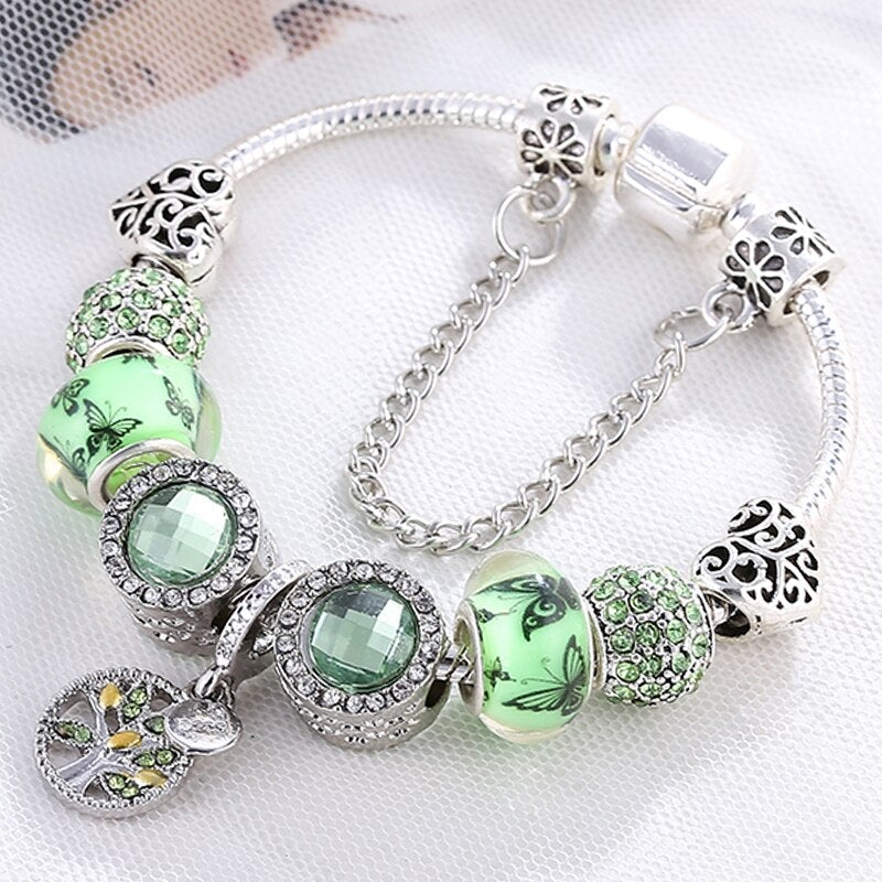 Sterling Silver Bracelet with Green Beads and Tree Charm
