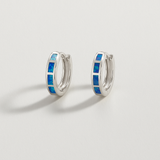 Sterling Silver Tone Hoop Earrings with Blue Opal Style Inlay