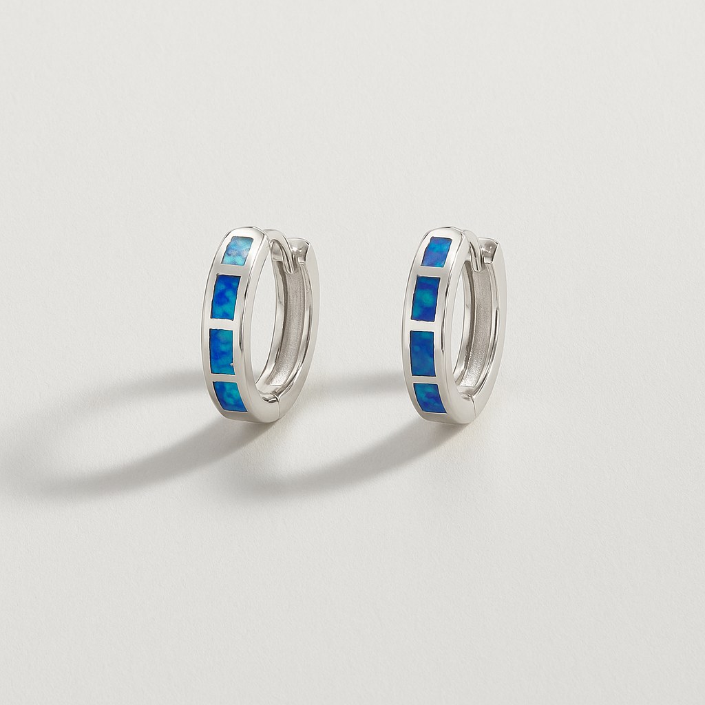 Sterling Silver Hoop Earrings with Blue Ocean-Inspired Opal Inlay