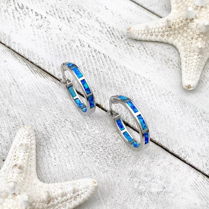 Sterling Silver Hoop Earrings with Blue Ocean-Inspired Opal Inlay