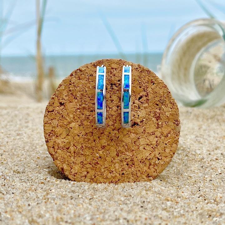 Sterling Silver Hoop Earrings with Blue Ocean-Inspired Opal Inlay