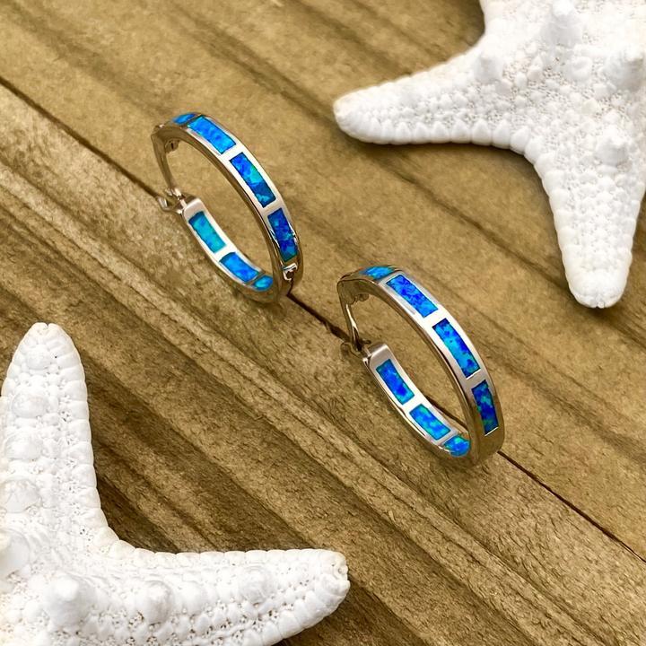 Sterling Silver Hoop Earrings with Blue Ocean-Inspired Opal Inlay
