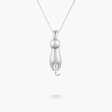 Stretching Cat Pendant Necklace in Matte Silver Tone