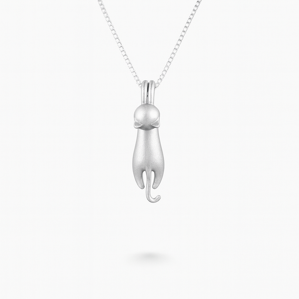 Stretching Cat Pendant Necklace in Matte Silver Finish