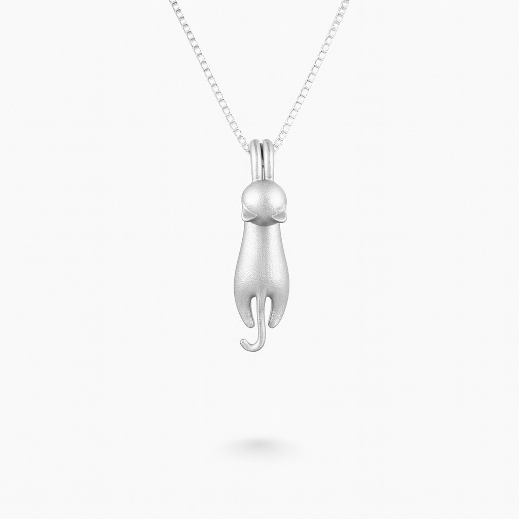 Stretching Cat Pendant Necklace in Matte Silver Finish