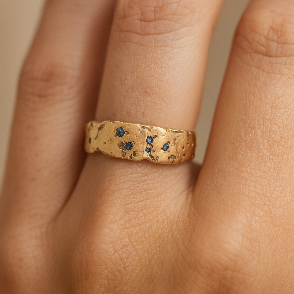 Textured Gold Ring with Scattered Blue Crystal Accents