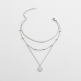 Silver Layered Necklace - Triple Chain Medallion - Polished Silver Tone