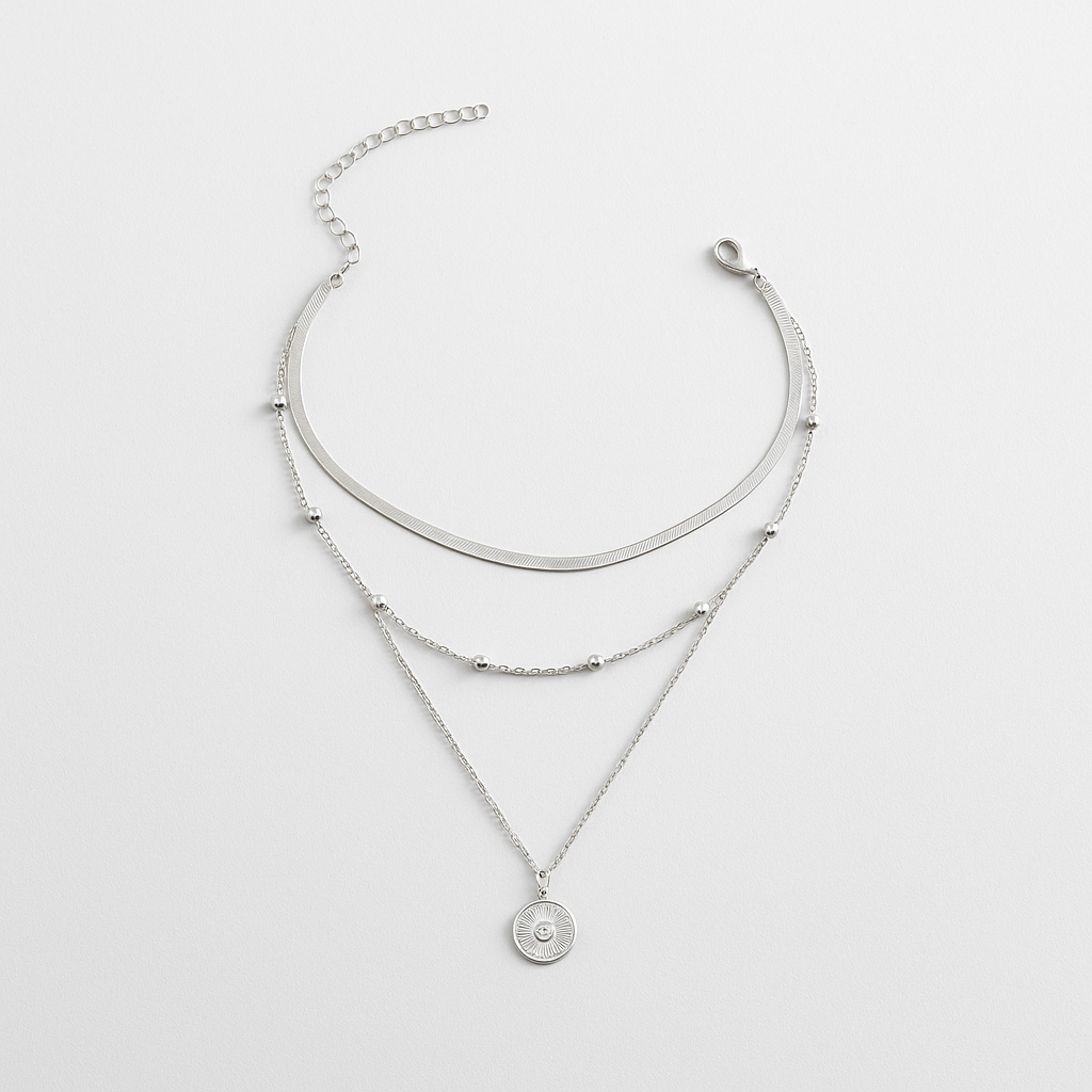 Three-Layered Silver Chain Necklace with Medallion Detail