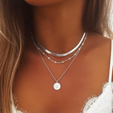 Silver Layered Necklace - Triple Chain Medallion - Polished Silver Tone