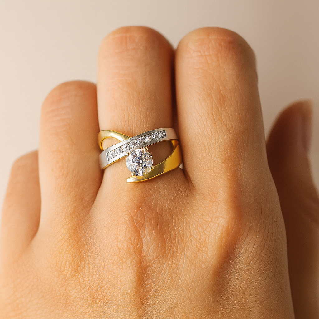 Two-Tone Crossover Ring with Round Zircon Centerpiece