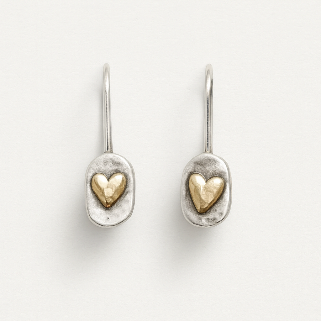Two-Tone Silver Drop Earrings with Small Gold Heart Detail
