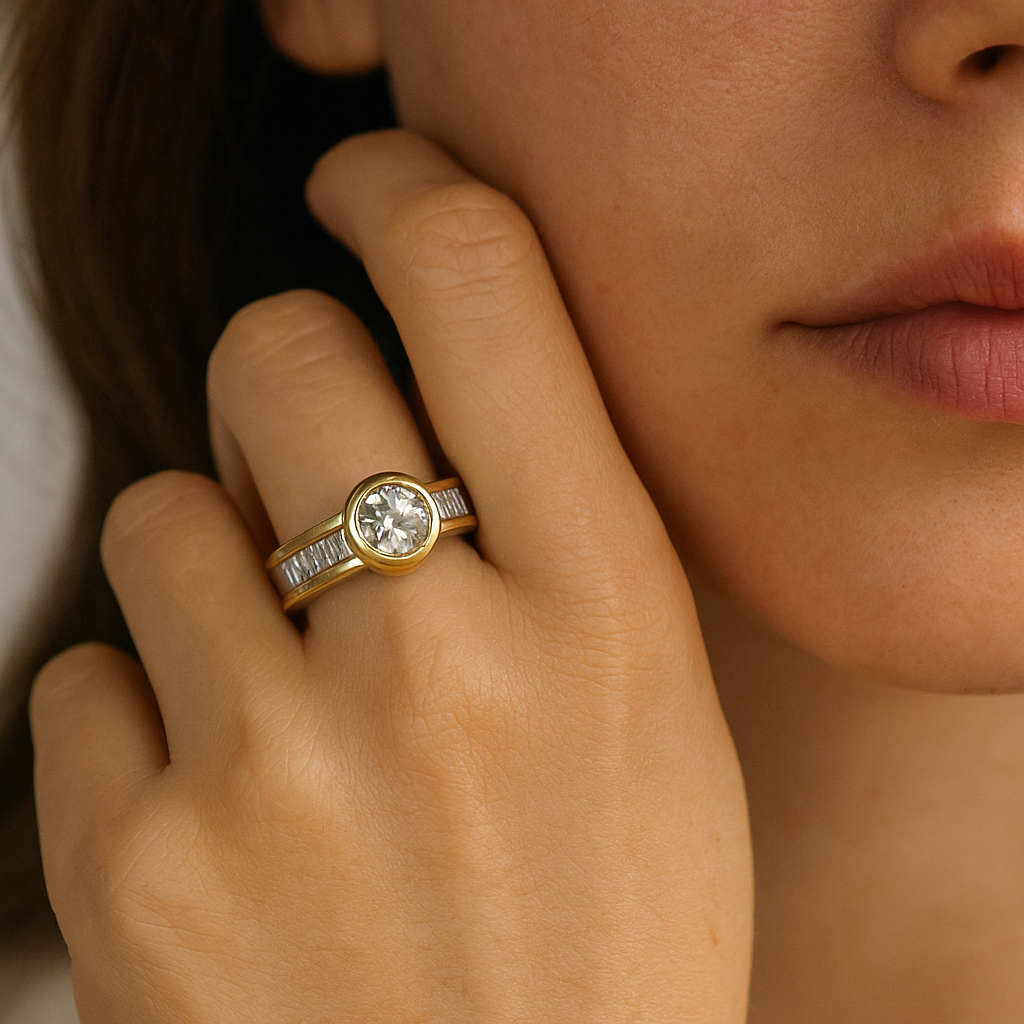 Two Tone Gold and Silver Bezel Set Engagement Ring