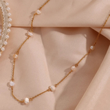 Gold Pearl Necklace - White Beaded Pearls - 18K Gold Tone - Delicate Chain