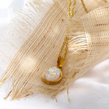 Gold Teardrop Necklace - Iridescent Stone Pendant - 18K Gold Tone - Stainless Steel